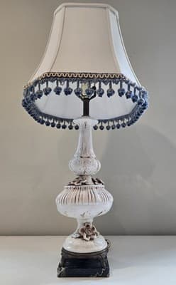 Italian Ceramic Table Lamp Rose Relief Decor Brass Footed Light