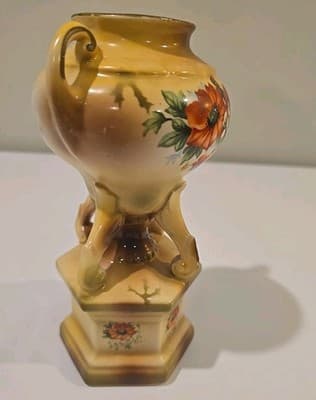 Large 8" Tall Vintage Czech Pottery Poppy Double Handled Floral Vase - Thumbnail 5