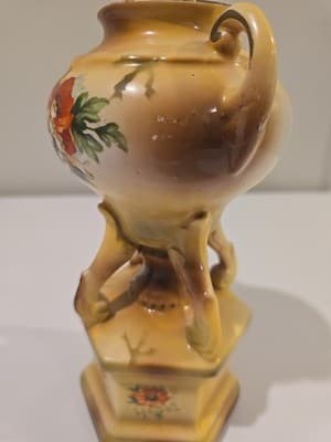 Large 8" Tall Vintage Czech Pottery Poppy Double Handled Floral Vase - Thumbnail 3