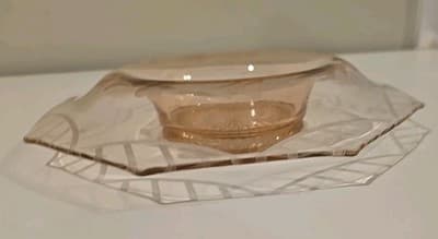 Vtg Hexagonal Pink Etched Depression Glass Centerpiece Console bowl Art Deco - Thumbnail 3