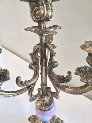 Antique Spelter Metal Porcelain Plaque Landscape Decor Candelabras 14 3/4" - Thumbnail 4