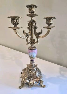 Antique Spelter Metal Porcelain Plaque Landscape Decor Candelabras 14 3/4"