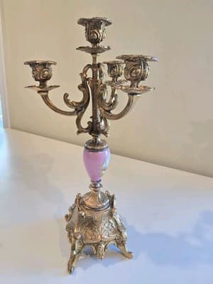 Antique Spelter Metal Porcelain Plaque Landscape Decor Candelabras 14 3/4" - Thumbnail 2