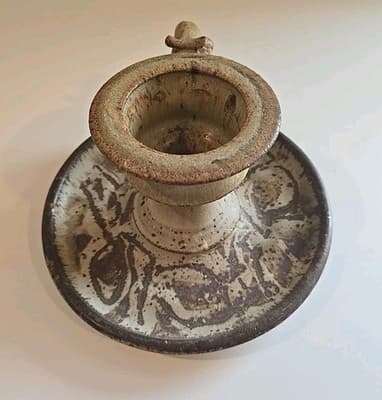 Vintage Studio Pottery Finger Loop Chamber Candle Holder 4" Tall - Thumbnail 7
