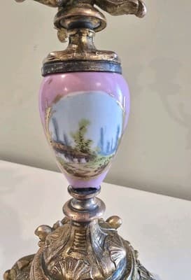 Antique Spelter Metal Porcelain Plaque Landscape Decor Candelabras 14 3/4" - Thumbnail 5