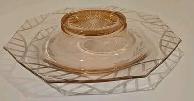 Vtg Hexagonal Pink Etched Depression Glass Centerpiece Console bowl Art Deco - Thumbnail 7