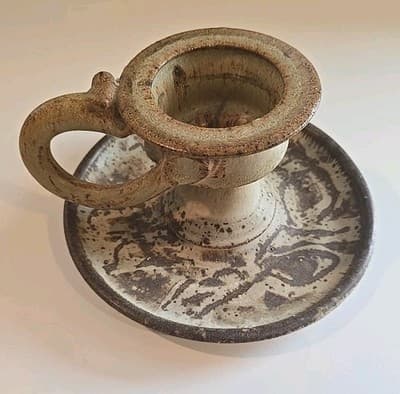 Vintage Studio Pottery Finger Loop Chamber Candle Holder 4" Tall - Thumbnail 3