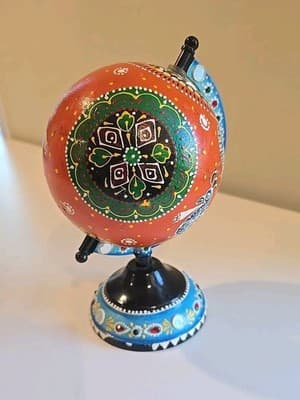 Hand Painted Peacock Motif Ornate Boho Folk Art Globe On Metal Stand 8.5" Tall - Thumbnail 3