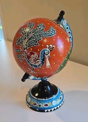 Hand Painted Peacock Motif Ornate Boho Folk Art Globe On Metal Stand 8.5" Tall - Thumbnail 2