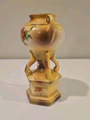 Large 8" Tall Vintage Czech Pottery Poppy Double Handled Floral Vase - Thumbnail 2