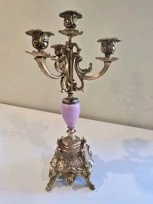 Antique Spelter Metal Porcelain Plaque Landscape Decor Candelabras 14 3/4" - Thumbnail 3