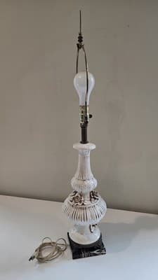 Italian Ceramic Table Lamp Rose Relief Decor Brass Footed Light - Thumbnail 6