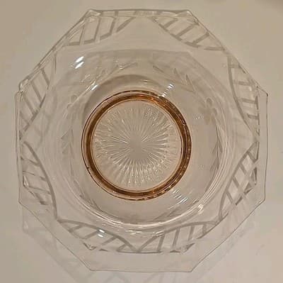 Vtg Hexagonal Pink Etched Depression Glass Centerpiece Console bowl Art Deco - Thumbnail 6