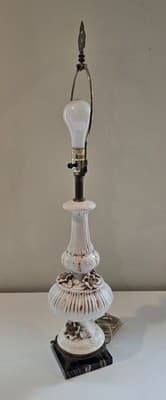 Italian Ceramic Table Lamp Rose Relief Decor Brass Footed Light - Thumbnail 4