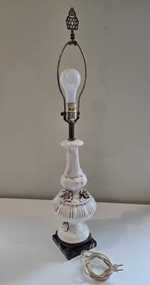 Italian Ceramic Table Lamp Rose Relief Decor Brass Footed Light - Thumbnail 5