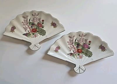 Vintage Set Yamaji Ceramic Asian Peacock Floral Fan Trays Dish Plate 7"