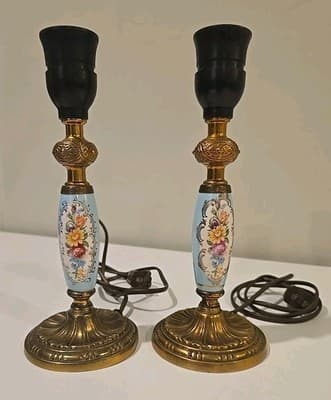 Pair of Brass Handpainted Porcelain Candle Holder Lamps - French 1950's Style