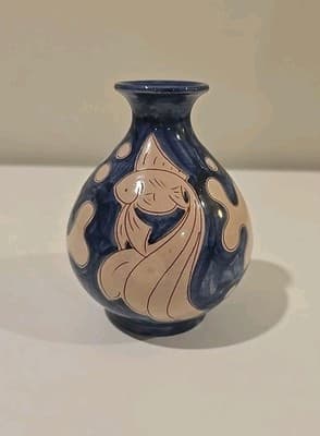 Vintage Humlebæk Keramik Denmark Incised Vases, Blue & White, Fish 4 1/2"