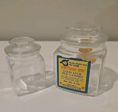 Vintage Pennsylvania Dutch Co Good Luck Hex Candies Jar 6oz & Mini Jar