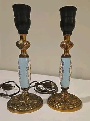 Pair of Brass Handpainted Porcelain Candle Holder Lamps - French 1950's Style - Thumbnail 2