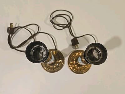Pair of Brass Handpainted Porcelain Candle Holder Lamps - French 1950's Style - Thumbnail 8