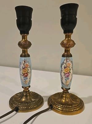 Pair of Brass Handpainted Porcelain Candle Holder Lamps - French 1950's Style - Thumbnail 3