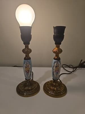 Pair of Brass Handpainted Porcelain Candle Holder Lamps - French 1950's Style - Thumbnail 15