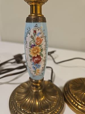 Pair of Brass Handpainted Porcelain Candle Holder Lamps - French 1950's Style - Thumbnail 6