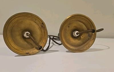 Pair of Brass Handpainted Porcelain Candle Holder Lamps - French 1950's Style - Thumbnail 11
