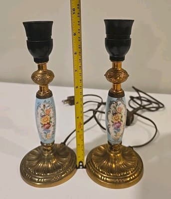 Pair of Brass Handpainted Porcelain Candle Holder Lamps - French 1950's Style - Thumbnail 12