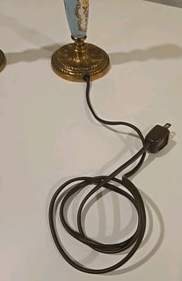 Pair of Brass Handpainted Porcelain Candle Holder Lamps - French 1950's Style - Thumbnail 10