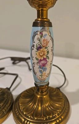 Pair of Brass Handpainted Porcelain Candle Holder Lamps - French 1950's Style - Thumbnail 5