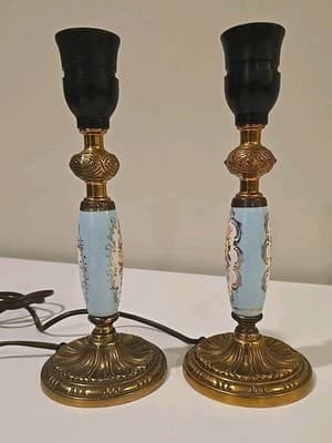Pair of Brass Handpainted Porcelain Candle Holder Lamps - French 1950's Style - Thumbnail 4