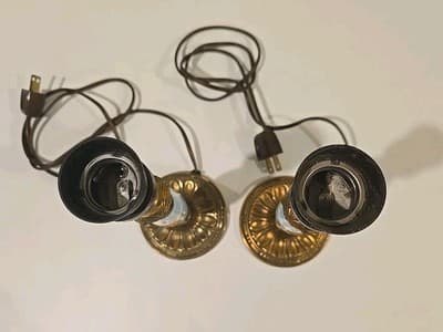 Pair of Brass Handpainted Porcelain Candle Holder Lamps - French 1950's Style - Thumbnail 7