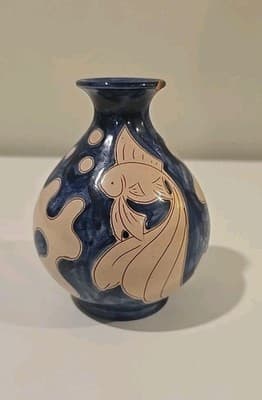 Vintage Humlebæk Keramik Denmark Incised Vases, Blue & White, Fish 4 1/2" - Thumbnail 3