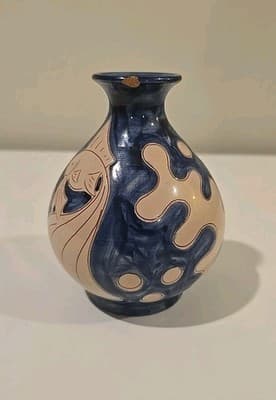 Vintage Humlebæk Keramik Denmark Incised Vases, Blue & White, Fish 4 1/2" - Thumbnail 4