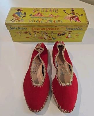 1940s Handmade Gustave Samba Red Velvet Shoe Slip On Oringal Box Sz 4-5.5 - Thumbnail 2