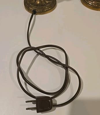 Pair of Brass Handpainted Porcelain Candle Holder Lamps - French 1950's Style - Thumbnail 9