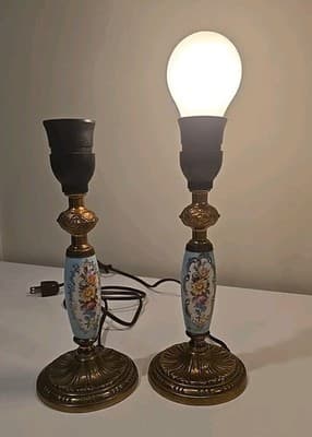 Pair of Brass Handpainted Porcelain Candle Holder Lamps - French 1950's Style - Thumbnail 14