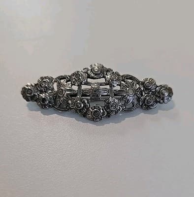 Vintage Silver Tone Clear Stone Floral Bar C Clasp Brooch Pin