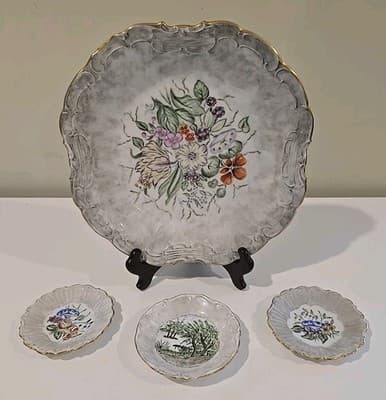 VTG Ninet Hand Painted Scalloped Plates with Gold Trim Flowers Gray Marble 4pc