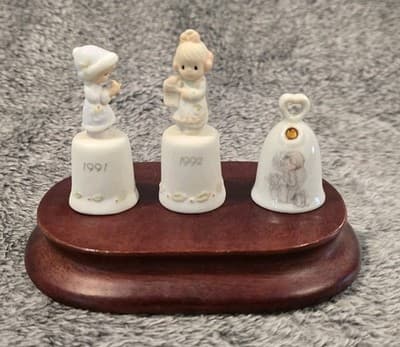 Precious Moments Bisque Thimble (2) 1991, 1992, Anniversary Bell - Lot of 3