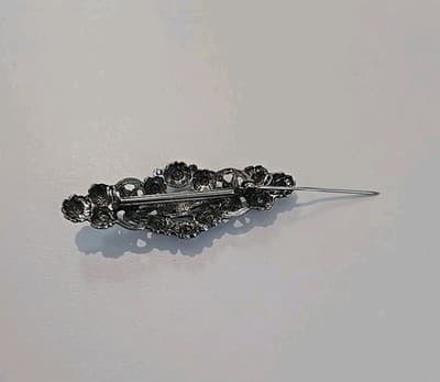 Vintage Silver Tone Clear Stone Floral Bar C Clasp Brooch Pin - Thumbnail 6