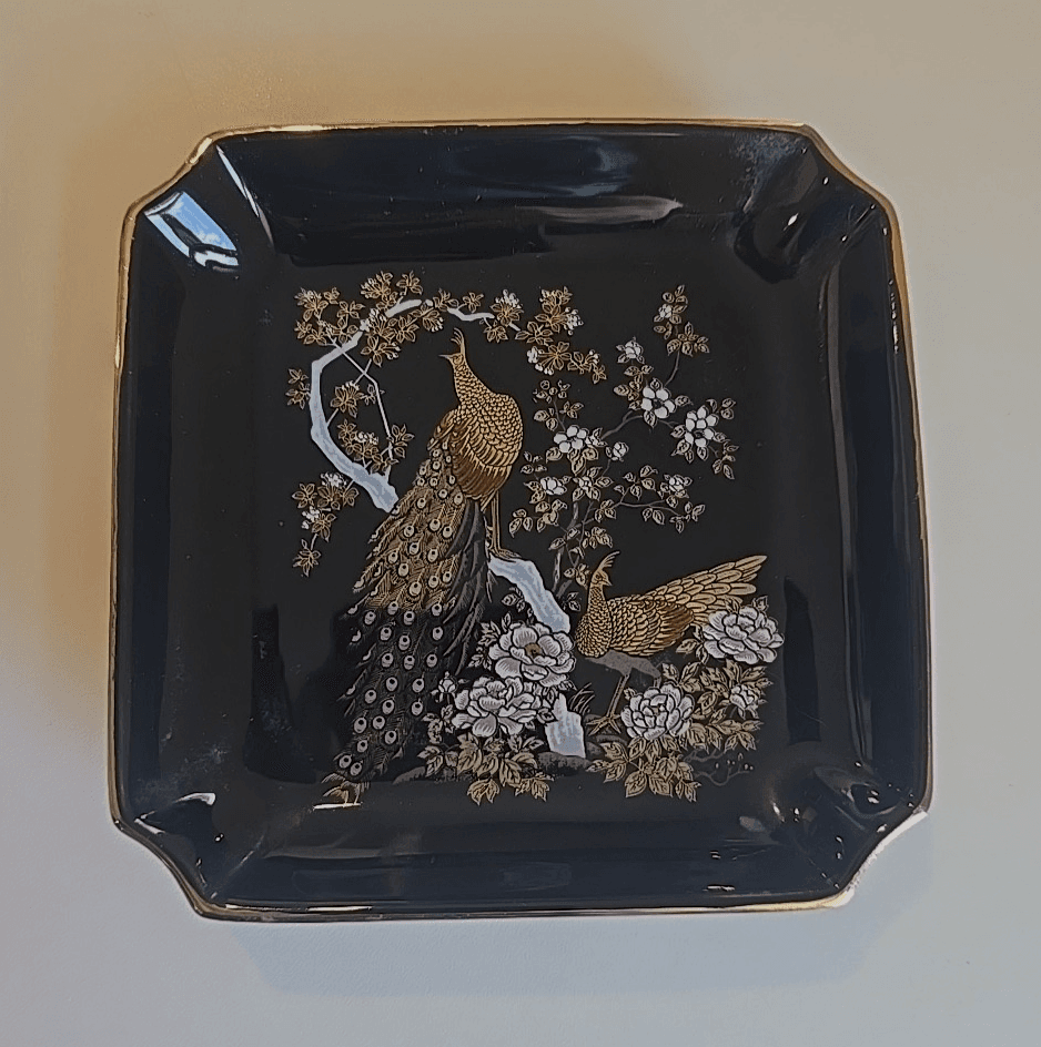 Vintage OMC Japan Peacock Square Porcelain Tray Candy Dish Black