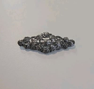 Vintage Silver Tone Clear Stone Floral Bar C Clasp Brooch Pin - Thumbnail 8