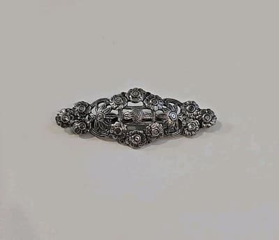 Vintage Silver Tone Clear Stone Floral Bar C Clasp Brooch Pin - Thumbnail 2