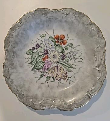 VTG Ninet Hand Painted Scalloped Plates with Gold Trim Flowers Gray Marble 4pc - Thumbnail 2