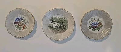 VTG Ninet Hand Painted Scalloped Plates with Gold Trim Flowers Gray Marble 4pc - Thumbnail 7