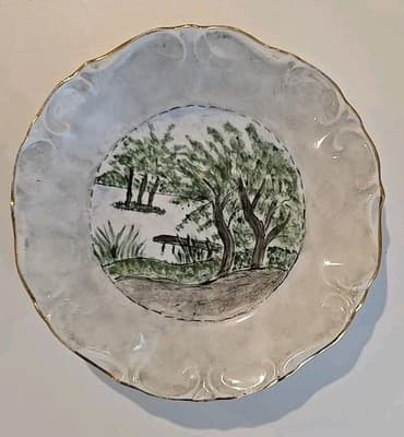 VTG Ninet Hand Painted Scalloped Plates with Gold Trim Flowers Gray Marble 4pc - Thumbnail 13