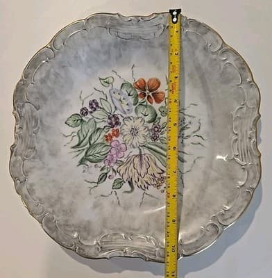 VTG Ninet Hand Painted Scalloped Plates with Gold Trim Flowers Gray Marble 4pc - Thumbnail 3